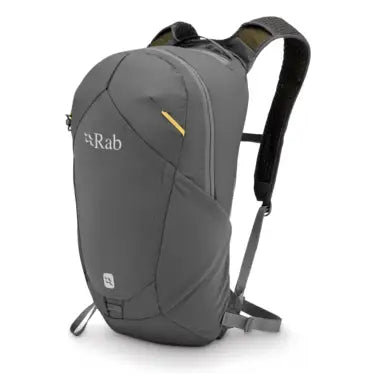 Rab Tygen 18L dark grey rucksack with yellow zipper and white logo