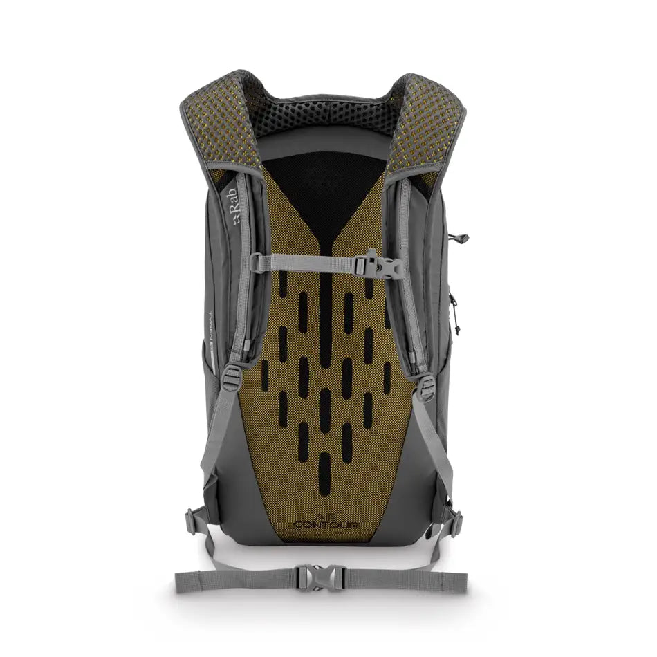 Rab Tygen 18L backpack back view showing olive Air Contour ventilation mesh
